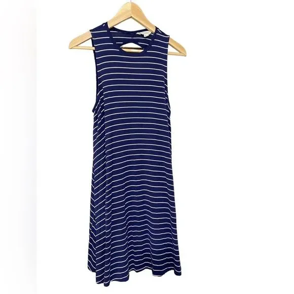 american eagle blue striped dress American Eagle Dress Women 8 Blue Striped Shift Short V-Neck Sleeveless Casual